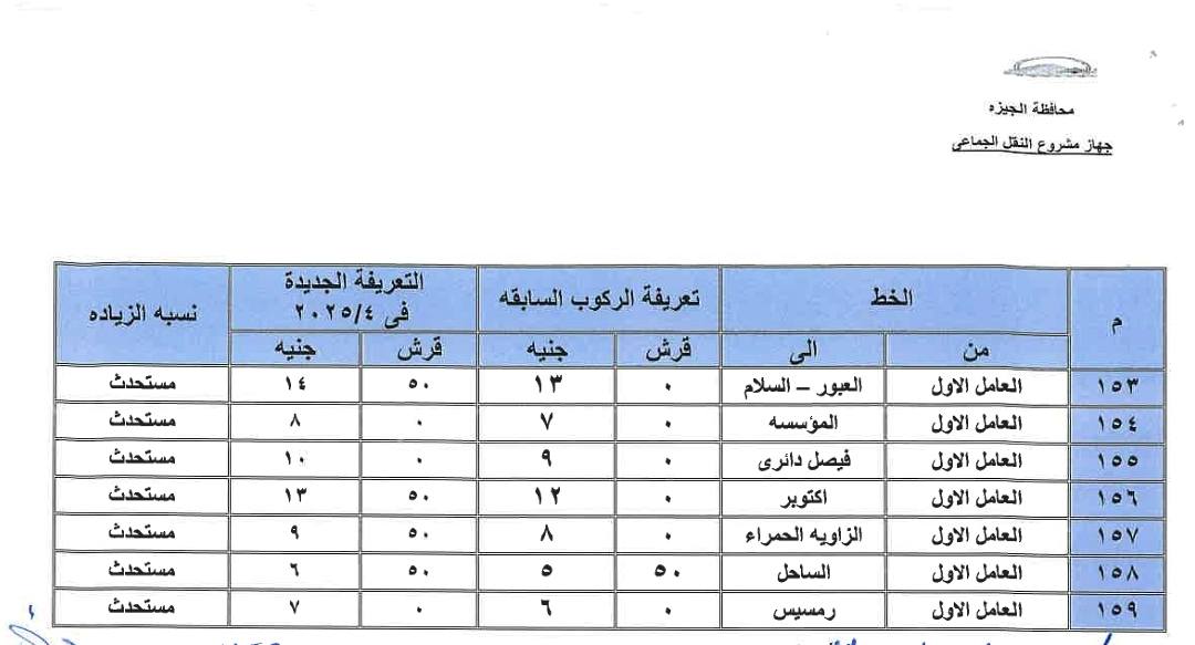 تعريفة المواصلات الجديدة 2025 محافظة الجيزة