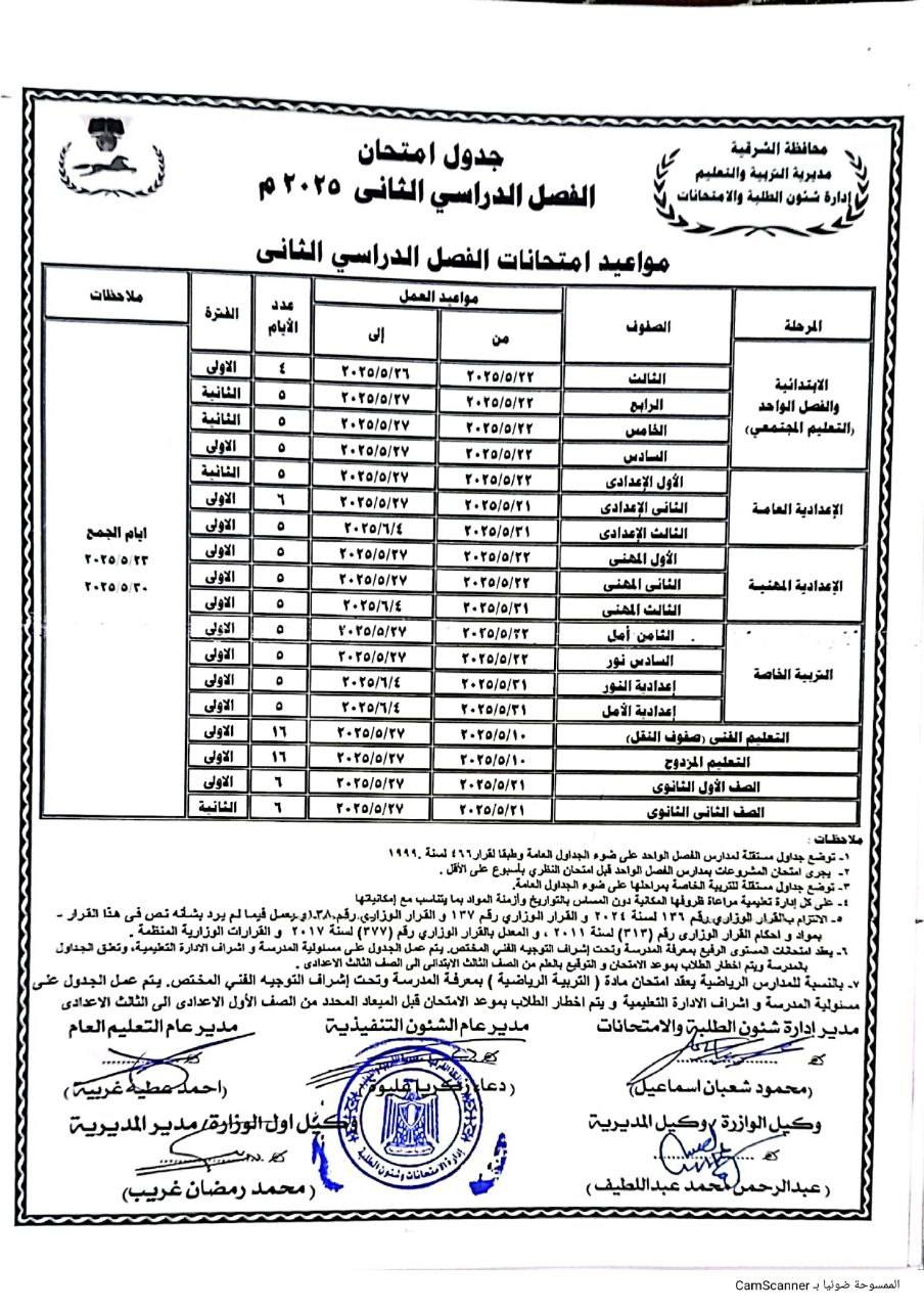 جدول امتحانات الصف الثالث الابتدائي الترم الثاني 2025 محافظة الشرقية