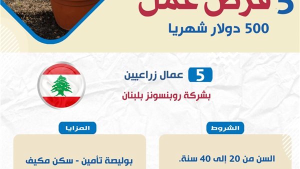 تصل إلى 500 دولار شهريا.. فرص عمل جديدة بالقطاع الزراعي في لبنان
