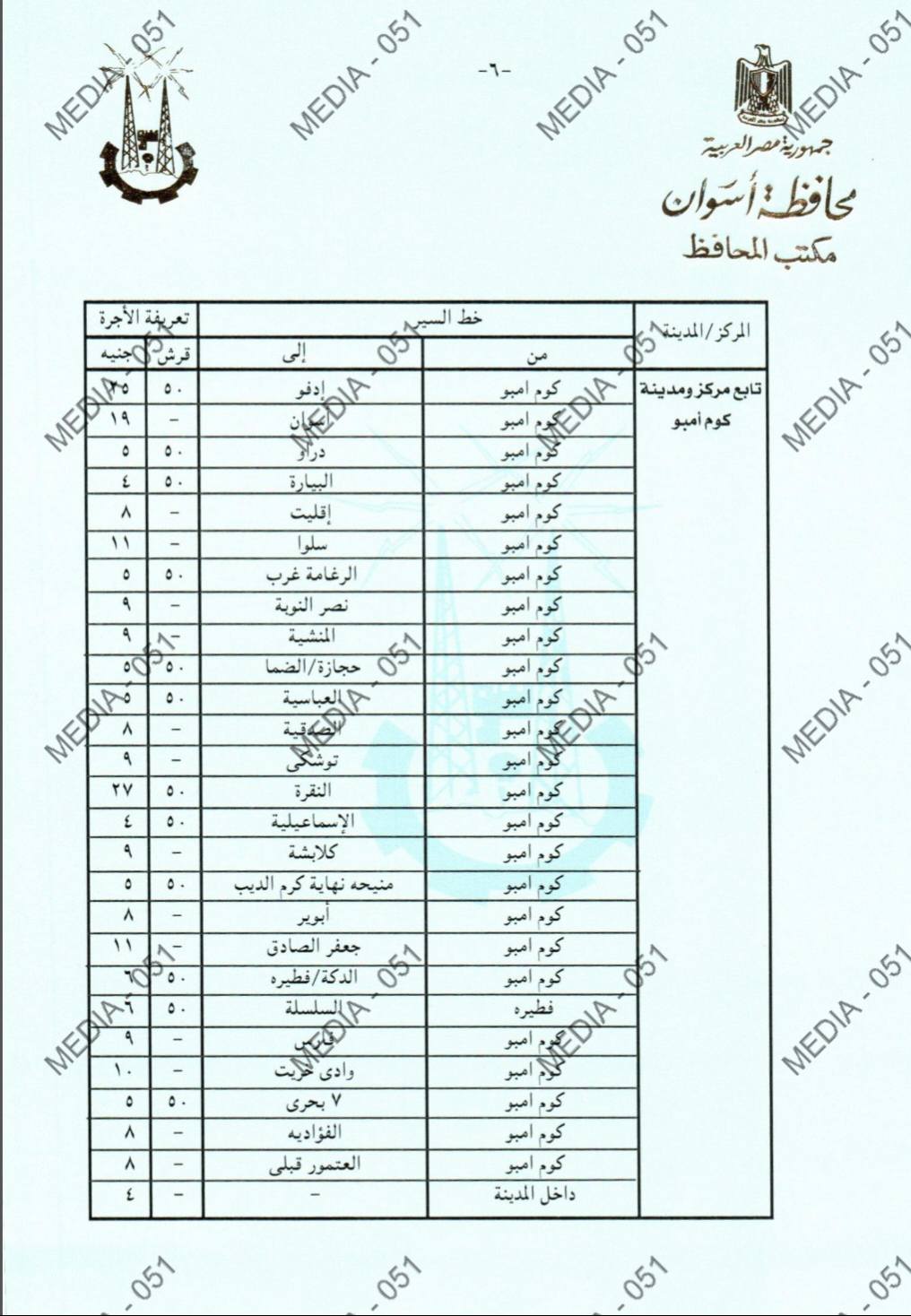 سعر تعريفة المواصلات في محافظة أسوان