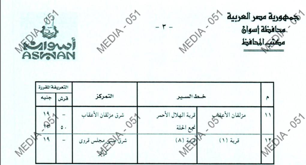 سعر تعريفة المواصلات في محافظة أسوان