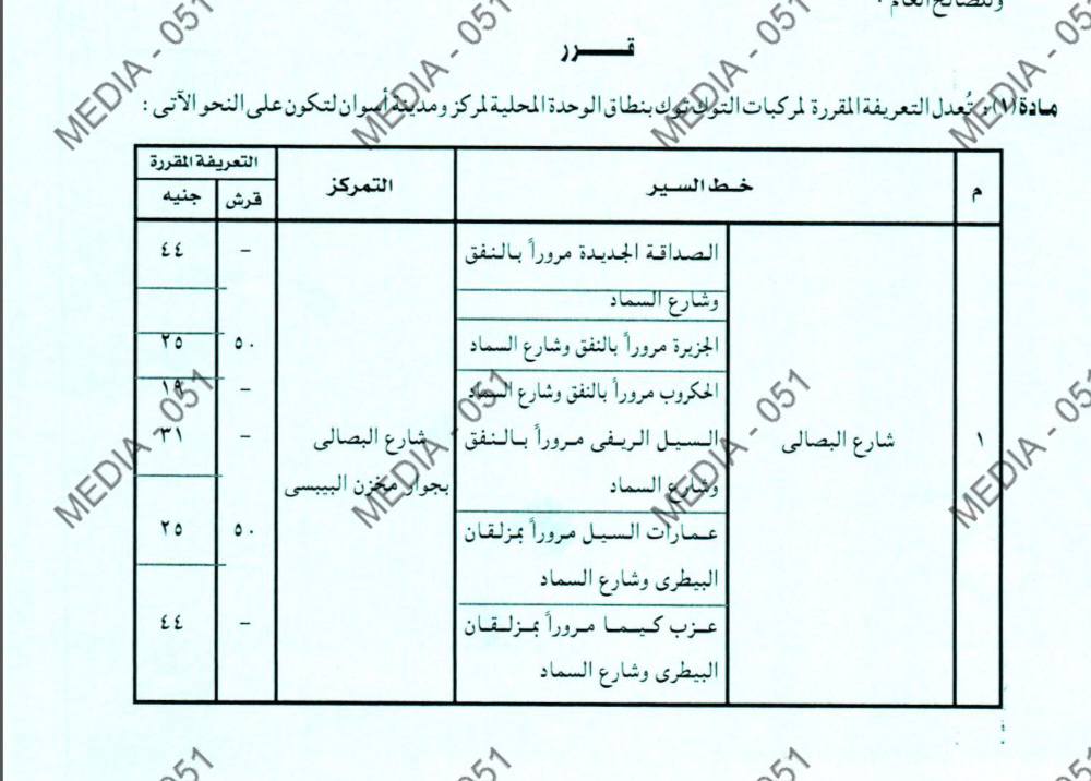 سعر تعريفة المواصلات في محافظة أسوان
