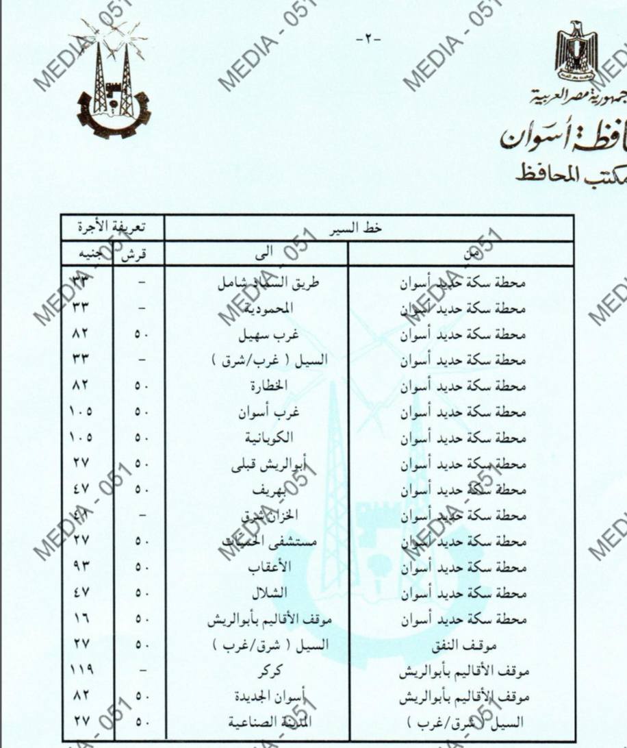 سعر تعريفة المواصلات في محافظة أسوان