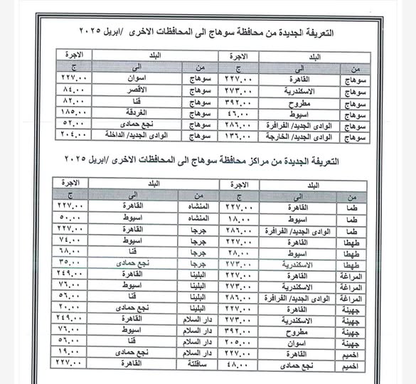 سعر تعريفة المواصلات في محافظة سوهاج