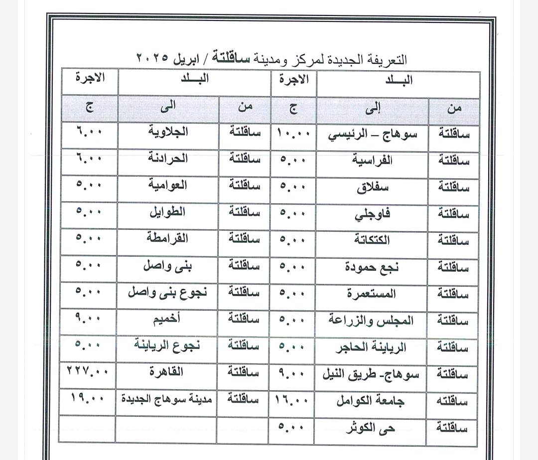 سعر تعريفة المواصلات في محافظة سوهاج