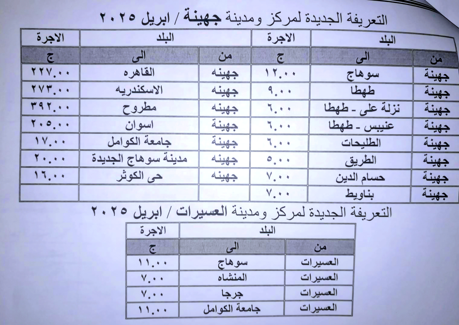 سعر تعريفة المواصلات في محافظة سوهاج