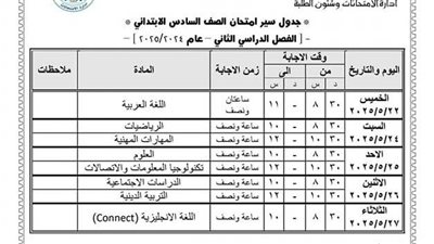 ننشر جدول امتحانات الصف السادس الابتدائي الترم الثاني 2025 بمحافظة الفيوم
