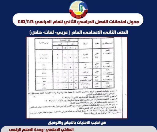 تعرف على مواعيد امتحانات الفصل الدراسي الثاني للإعدادية في البحيرة