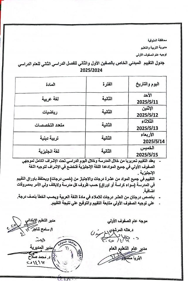 جداول تقييمات الترم الثاني 2025 للصفين الأول والثاني الابتدائي