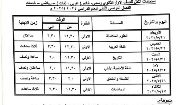جداول امتحانات النقل والشهادة الإعدادية للفصل الدراسي الثاني للعام 2024/2025 ببنى سويف
