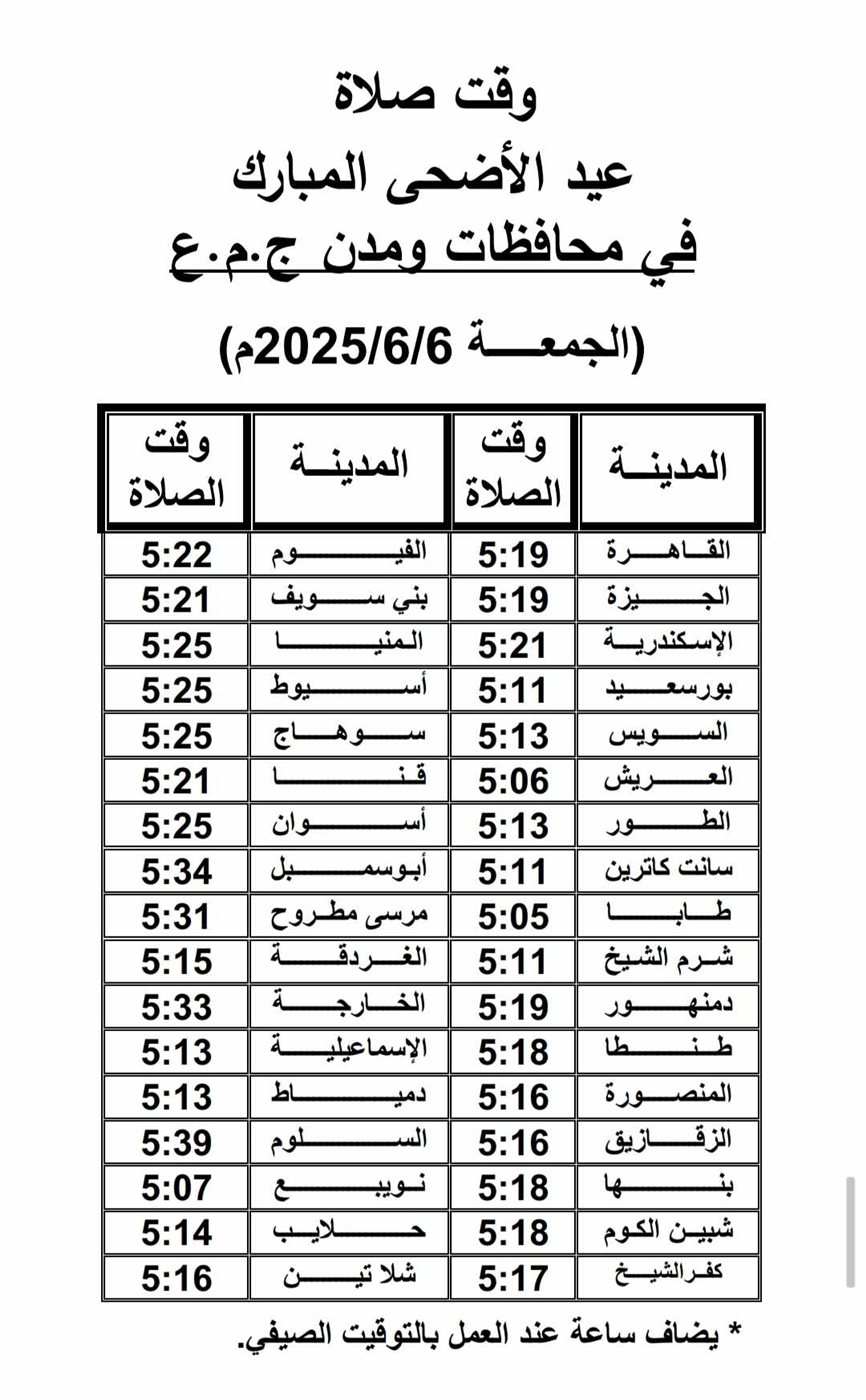 موعد صلاة عيد الأضحى 2025