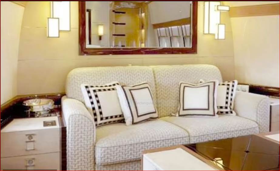 الجزء الداخلي من الطائرة، الذي تم تزيينه من قبل شركة التصميم الداخلي الفرنسية الشهيرة Alberto Pinto Cabinet، مليء بالأجنحة المزخرفة، والغرف، والصالات، وغرف الطعام