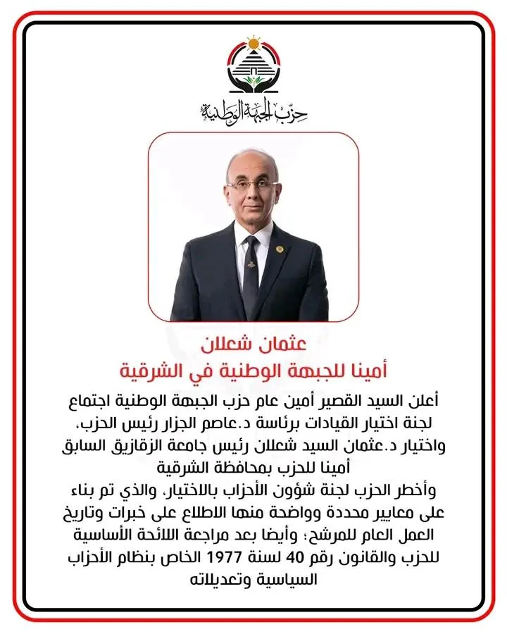 عثمان شعلان يتولى أمين الجبهة الوطنية في الشرقية