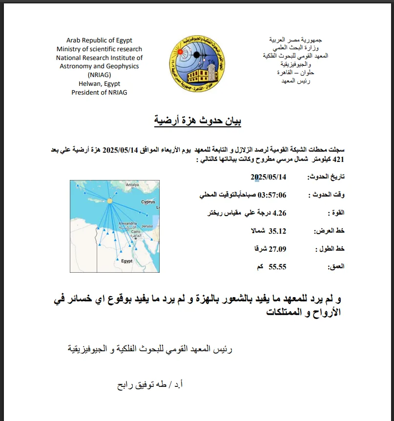 المعهد الوطني للبحوث الفلكية: زلزال ارتدادي جديد بقوة 4.26 درجة شمال مرسى مطروح