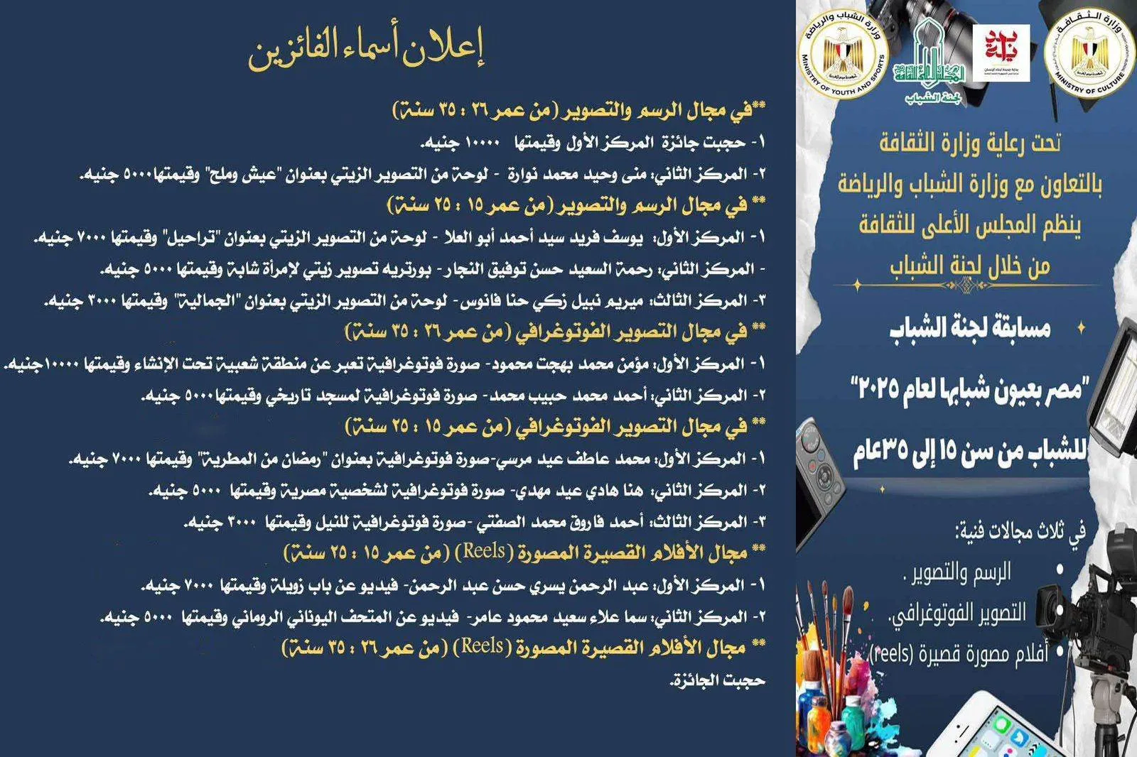 إعلان أسماء الفائزين في مسابقة “مصر من منظور شبابها لعام 2025” في “المجلس الأعلى للثقافة”