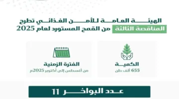الهيئة المختصة بالأمن الغذائي تُعلن عن المناقصة الثالثة لهذا العام لاستيراد 655 ألف طن من القمح.