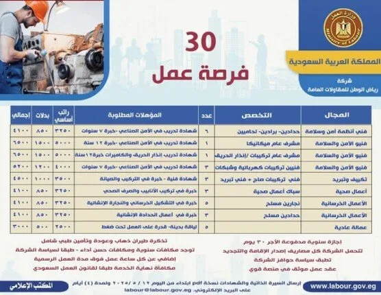 30 وظيفة متاحة للمصريين في السعودية.. معلومات عن الوظائف والمتطلبات