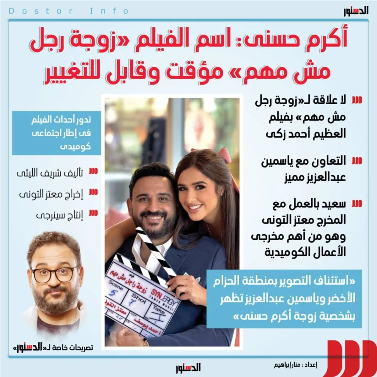 أكرم حسني: "زوجة راجل مش مهم" الاسم مؤقت وقابل للتغيير (انفوجراف)