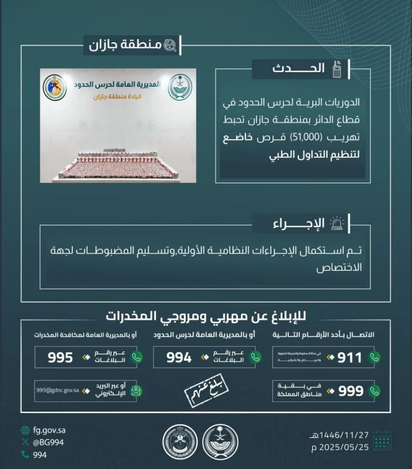 إحباط عملية تهريب 51,000 قرص مخدر في الدائر إحباط عملية تهريب 51,000 قرص مخدر في الدائر