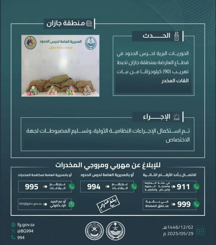 إحباط محاولة تهريب 90 كيلوغرامًا من القات في العارضة إحباط محاولة تهريب 90 كيلوغرامًا من القات في العارضة