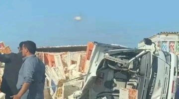 إصابة سائق في انقلاب سيارة محملة بالدواجن بإقليمي المنوفية |صور