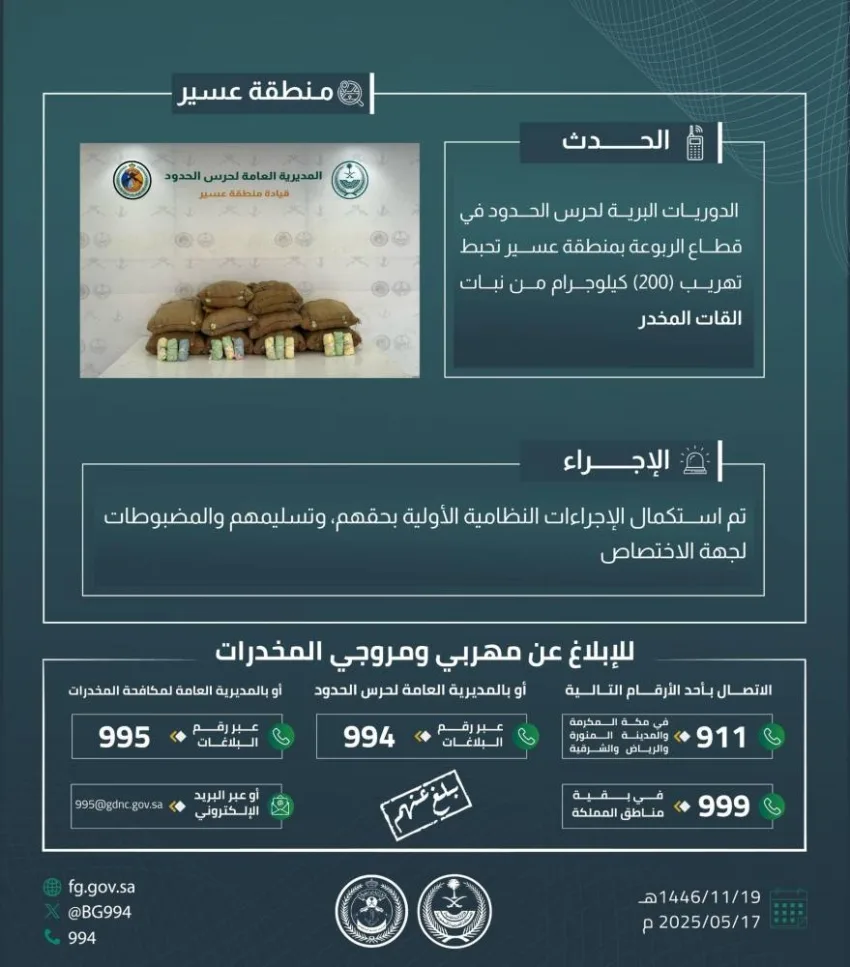 إفشال محاولة تهريب 200 كجم من القات في الربوعة إفشال محاولة تهريب 200 كجم من القات في الربوعة