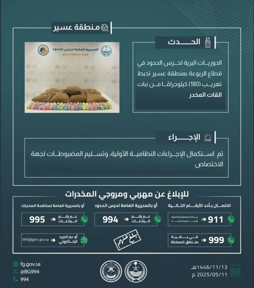 إيقاف محاولة تهريب 180 كجم من القات في الربوعة