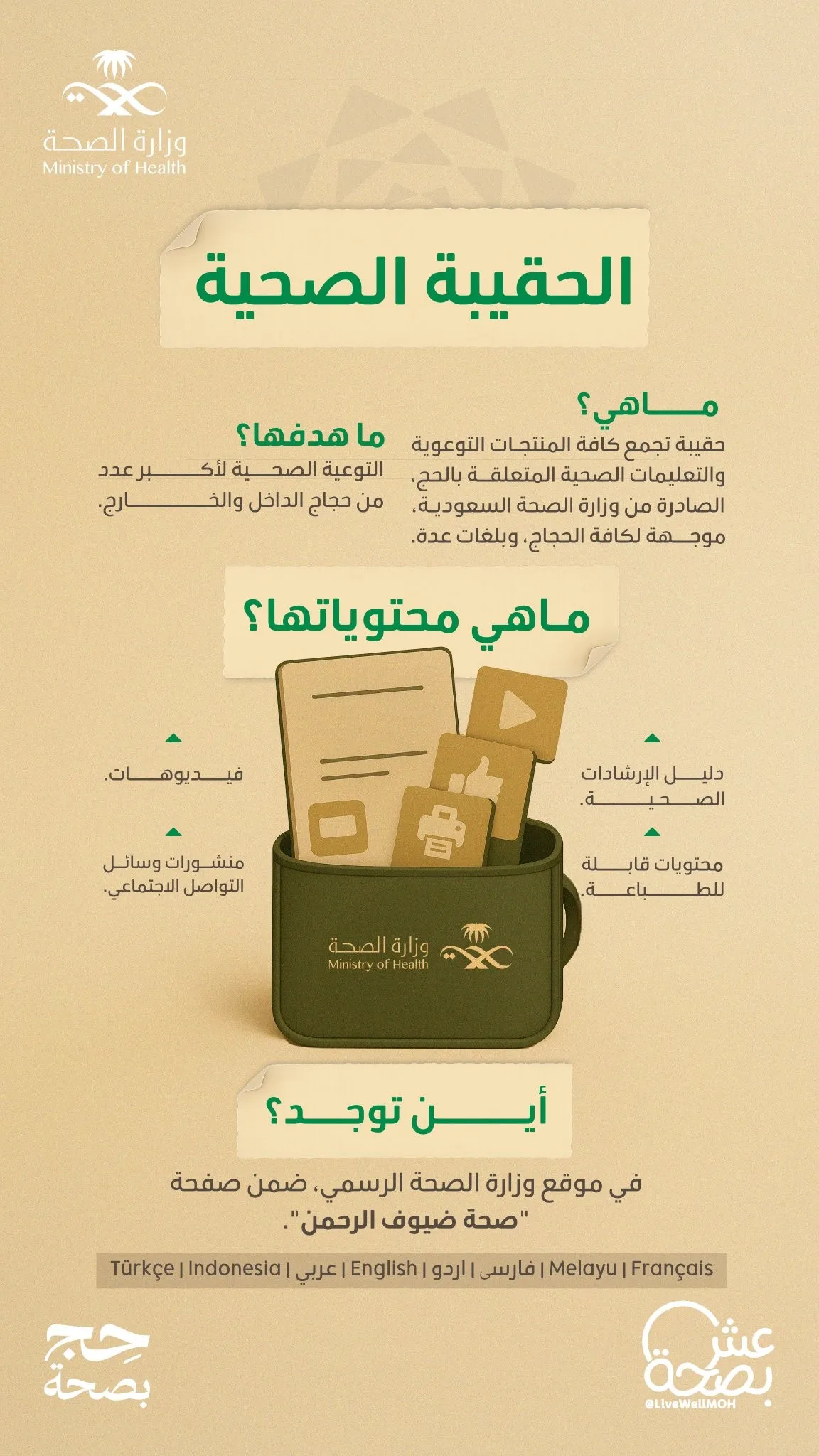 احمل كل ما تحتاجه للحج في جيبك: محتوى توعوي شامل في الحقيبة الصحية الوطنية احمل كل ما تحتاجه للحج في جيبك: محتوى توعوي شامل في الحقيبة الصحية الوطنية