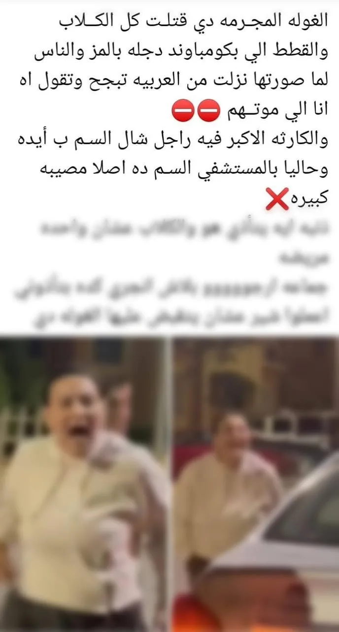 استخدمت سم مٌحرم دوليًا.. استغاثة سكان مجمع سكني من سيدة مُتهمة بـ تسمم الحيوانات والأشخاص