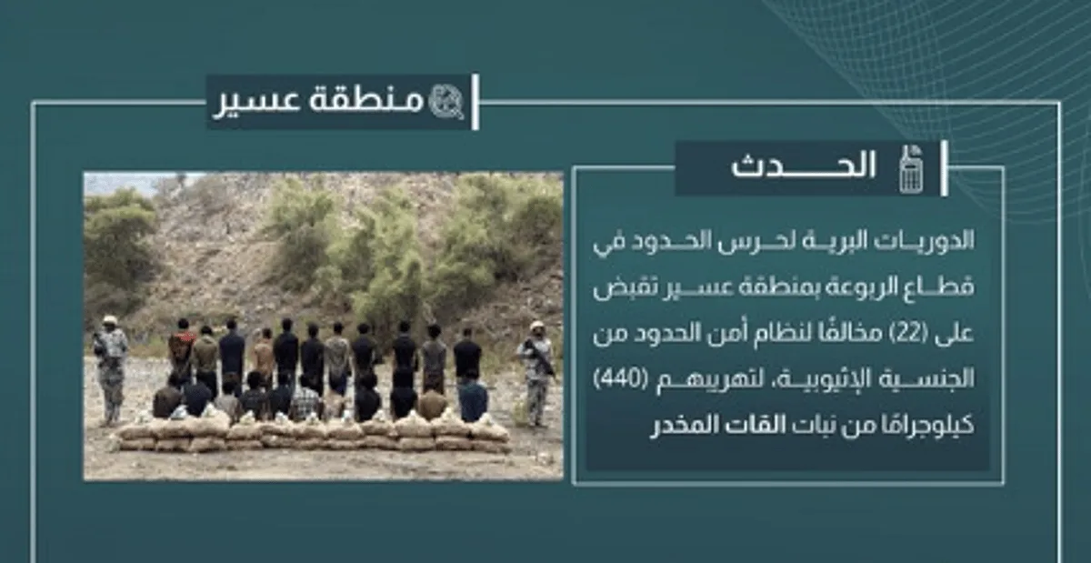 اعتقال 22 شخصًا لتورطهم في تهريب 440 كيلوغرامًا من القات في منطقة عسير اعتقال 22 شخصًا لتورطهم في تهريب 440 كيلوغرامًا من القات في منطقة عسير