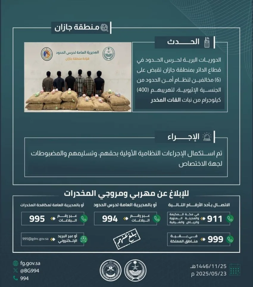 اعتقال ستة أشخاص بتهمة تهريب 400 كجم من القات في الدائر اعتقال ستة أشخاص بتهمة تهريب 400 كجم من القات في الدائر