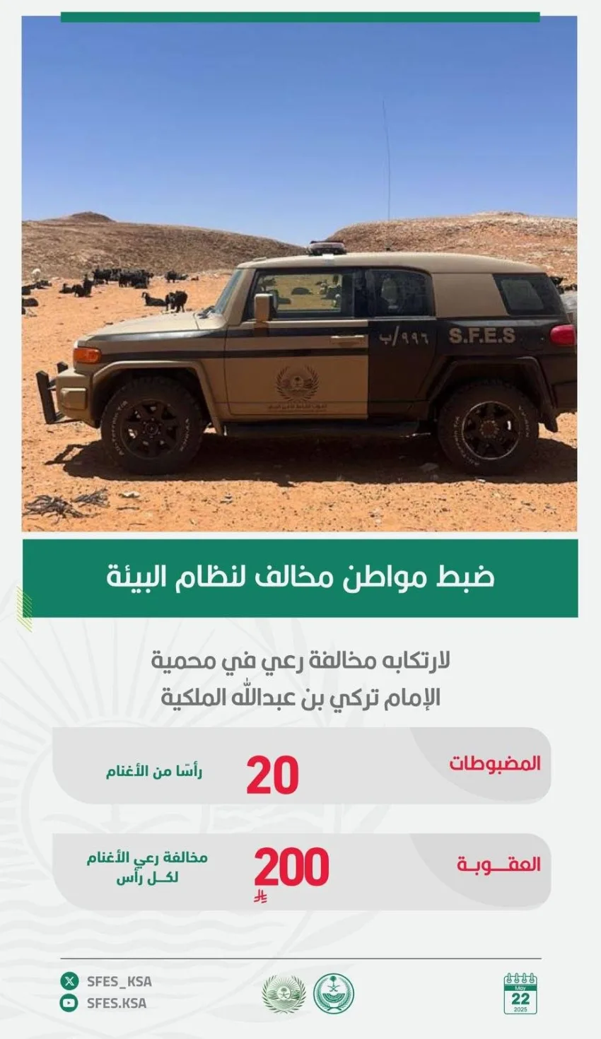 اعتقال مواطن انتهك نظام البيئة من خلال الرعي في محمية اعتقال مواطن انتهك نظام البيئة من خلال الرعي في محمية