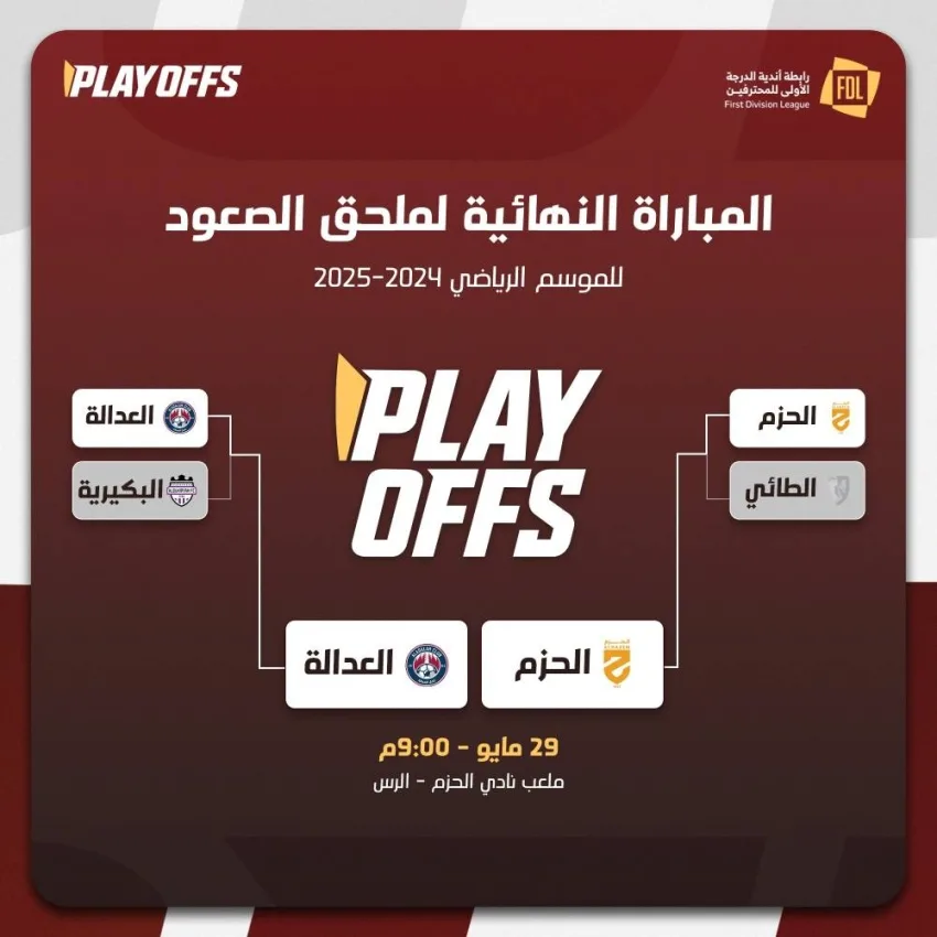 البطاقة الثالثة للصعود لفريق «روشن» بين الحزم والعدالة البطاقة الثالثة للصعود لفريق «روشن» بين الحزم والعدالة