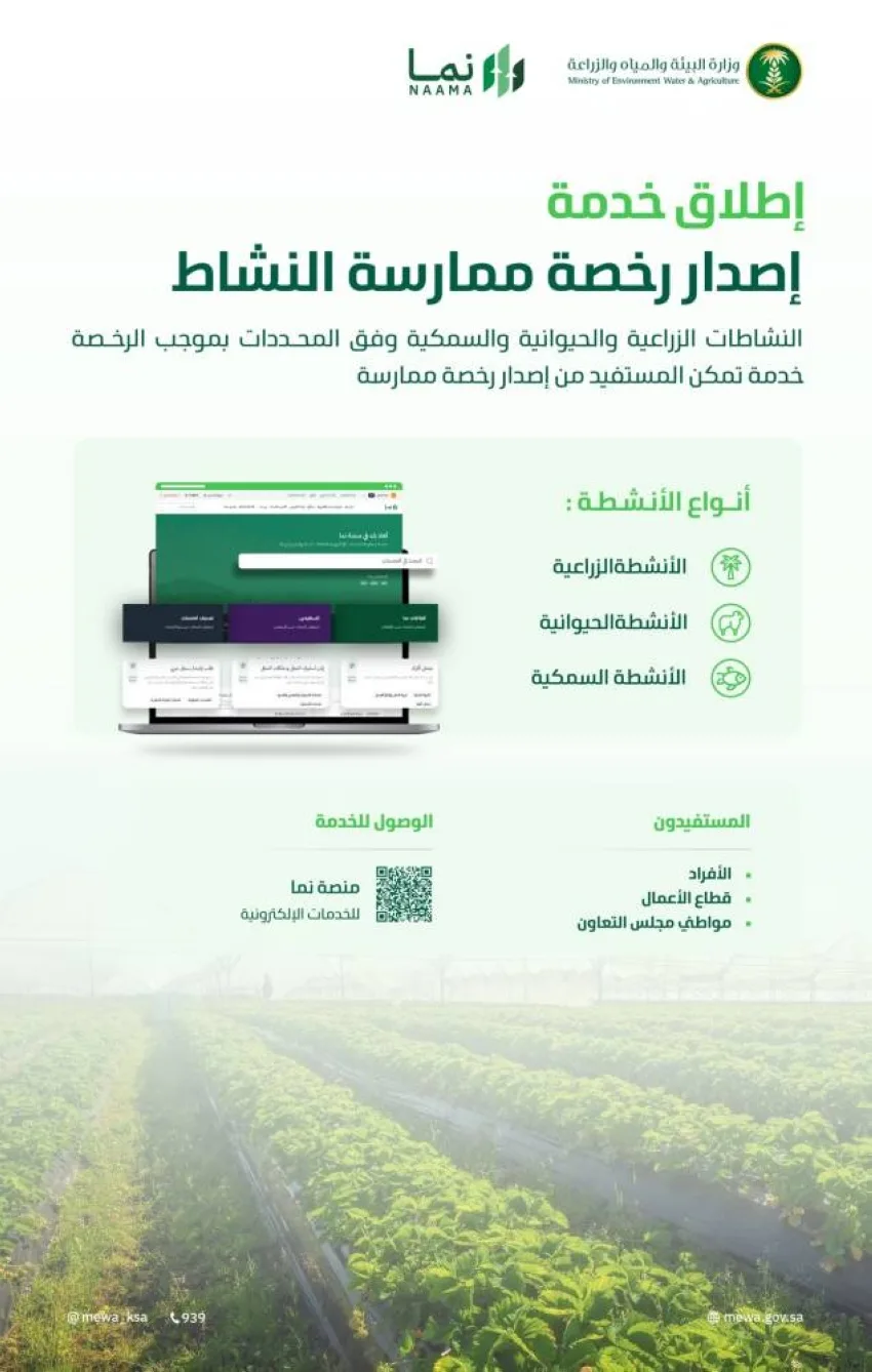البيئة تُطلق خدمة لتسهيل الحصول على رخص الأنشطة الزراعية والحيوانية والسمكية من خلال نظام نما البيئة تُطلق خدمة لتسهيل الحصول على رخص الأنشطة الزراعية والحيوانية والسمكية من خلال نظام نما