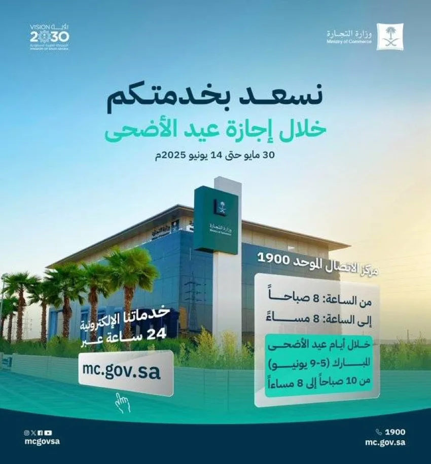 التجارة: استمرار توفير كل الخدمات لكافة العملاء خلال عطلة عيد الأضحى المبارك التجارة: استمرار توفير كل الخدمات لكافة العملاء خلال عطلة عيد الأضحى المبارك