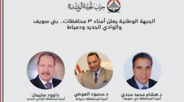الجبهة الوطنية تُعلن عن تعيين أمناء في ثلاث محافظات: بني سويف، الوادي الجديد، ودمياط.