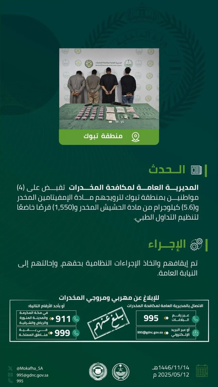 الجهات المعنية لمكافحة المخدرات تضبط أربعة أشخاص في تبوك بتهمة ترويج المخدرات.