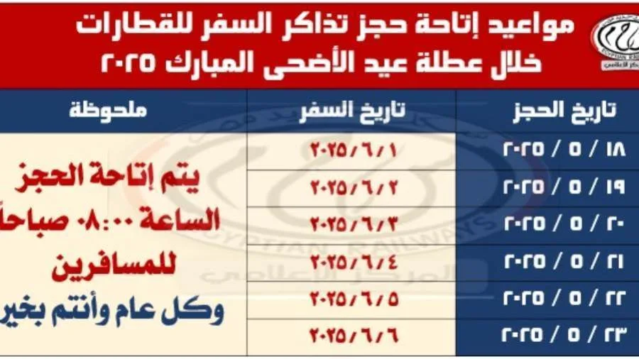 السكة الحديد تعلن عن مواعيد حجز تذاكر القطارات خلال عيد الأضحى السكة الحديد تعلن عن مواعيد حجز تذاكر القطارات خلال عيد الأضحى