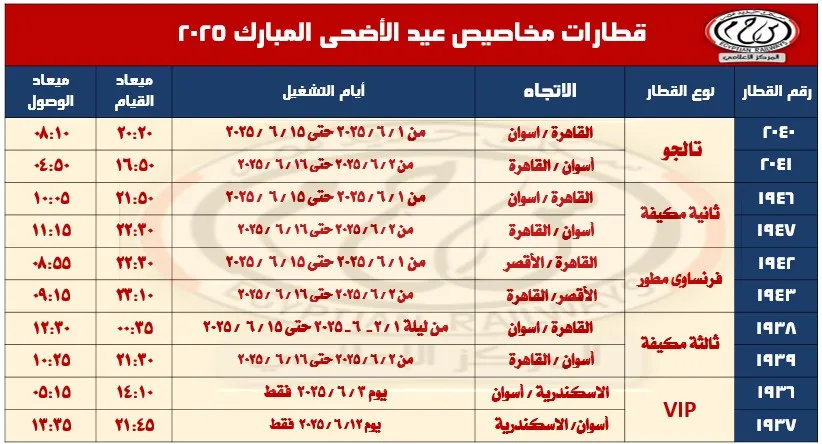 «السكك الحديدية» تُعلن عن تشغيل قطارات جديدة بمناسبة عيد الأضحى المبارك «السكك الحديدية» تُعلن عن تشغيل قطارات جديدة بمناسبة عيد الأضحى المبارك