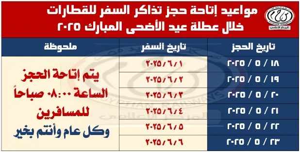 السكك الحديدية تُعلن عن مواعيد حجز تذاكر القطارات في عيد الأضحى السكك الحديدية تُعلن عن مواعيد حجز تذاكر القطارات في عيد الأضحى