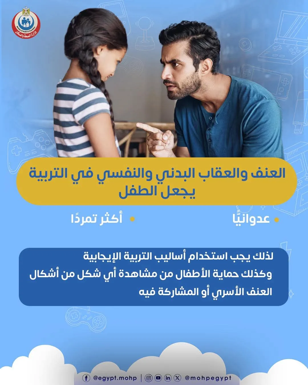 الصحة تنبه: استخدام العنف والعقوبة البدنية في تربية الأطفال يؤدي إلى سلوك عدواني وتمرد. الصحة تنبه: استخدام العنف والعقوبة البدنية في تربية الأطفال يؤدي إلى سلوك عدواني وتمرد.