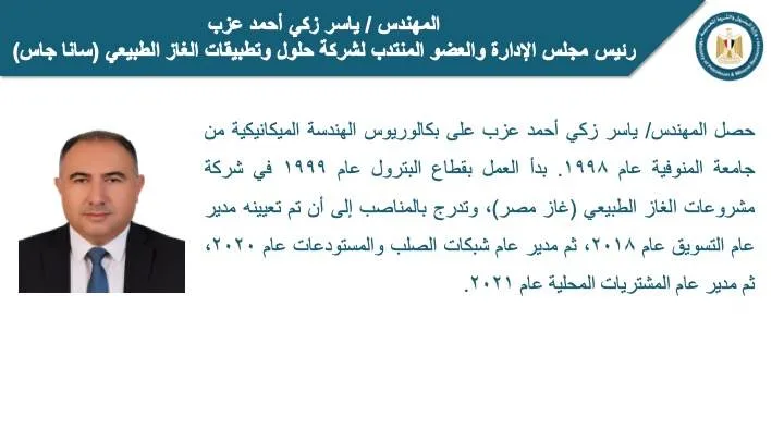 المهندس ياسر زكي أحمد عزب يتولى رئاسة شركة “سانا” لحلول وتطبيقات الغاز الطبيعي المهندس ياسر زكي أحمد عزب يتولى رئاسة شركة “سانا” لحلول وتطبيقات الغاز الطبيعي