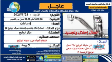 انقطاع المياه في أبوتيج لمدة 6 ساعات بدءًا من منتصف الليل وحتى صباح الخميس