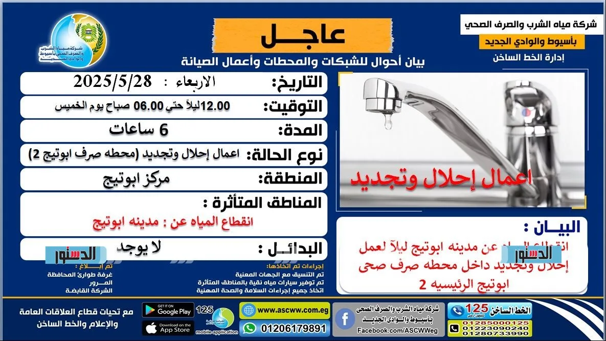 انقطاع المياه في أبوتيج لمدة 6 ساعات بدءًا من منتصف الليل وحتى صباح الخميس انقطاع المياه في أبوتيج لمدة 6 ساعات بدءًا من منتصف الليل وحتى صباح الخميس
