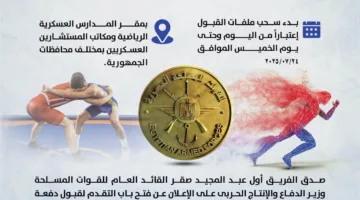 بالإنفوجراف: بدء استقبال طلبات تسجيل دفعة جديدة من الطلاب المتميزين رياضياً في المدارس العسكرية