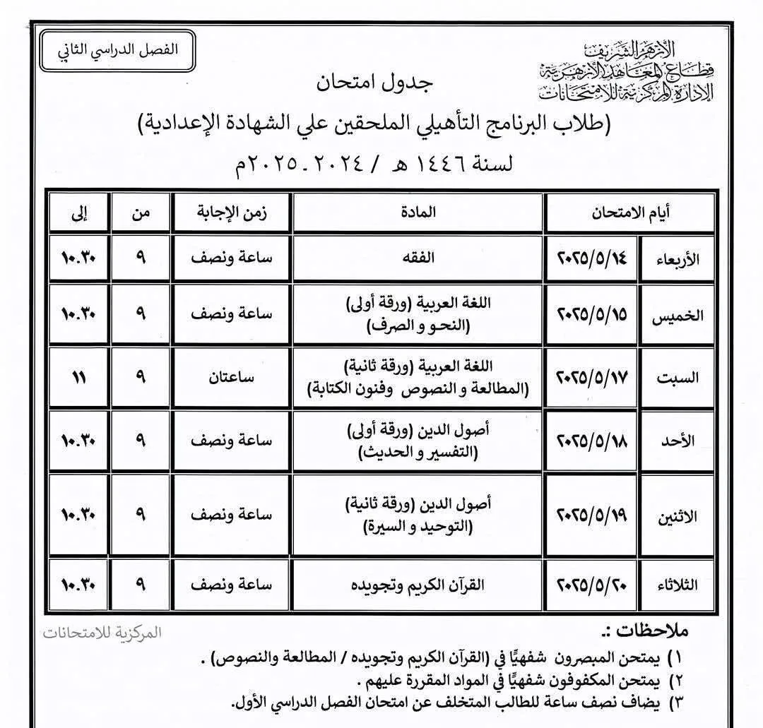بدء امتحانات الشهادتين الابتدائية والإعدادية الأزهرية والبرنامج التأهيلي للمرحلة الإعدادية.