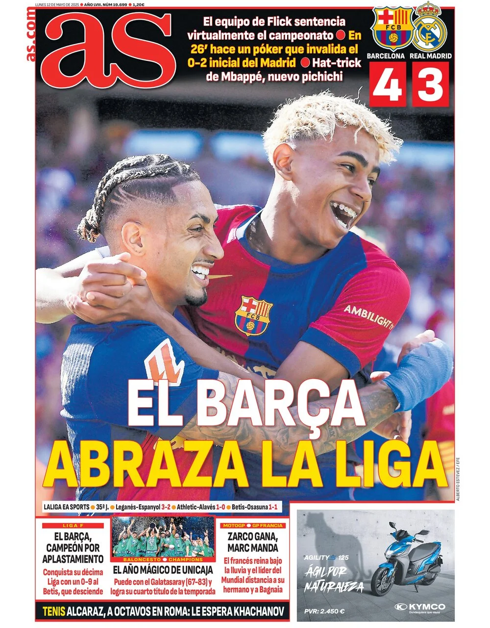 برشلونة يحتفل بلقب الليجا بعد رباعية الكلاسيكو التي تصدرت عناوين الصحف الإسبانية برشلونة يحتفل بلقب الليجا بعد رباعية الكلاسيكو التي تصدرت عناوين الصحف الإسبانية