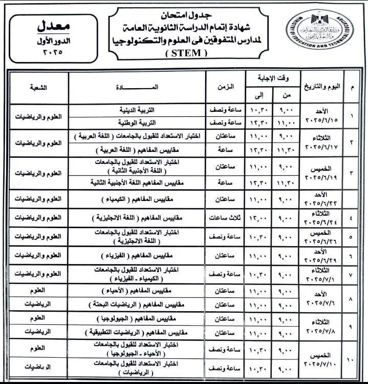 بعد التحديث.. جدول امتحانات الثانوية العامة 2025 في مدارس المتفوقين بعد التحديث.. جدول امتحانات الثانوية العامة 2025 في مدارس المتفوقين