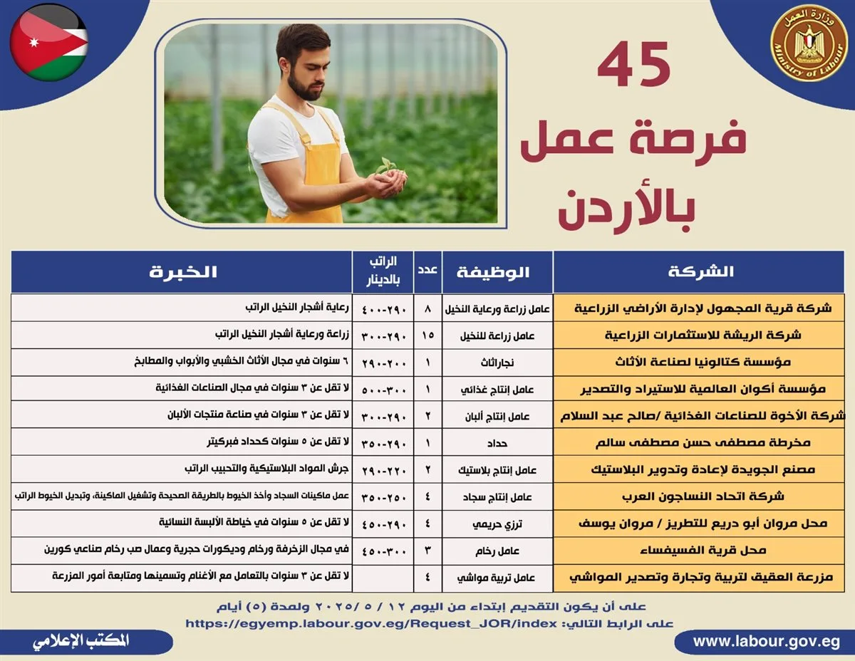 بمرتبات تصل إلى 500 دينار شهريًا: وزير العمل يعلن عن 45 فرصة عمل جديدة للمصريين في الأردن.