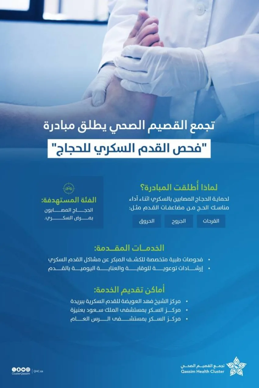 تجمع القصيم الصحي يطلق برنامج فحص القدم لمرضى السكري ضمن خدمات الحج تجمع القصيم الصحي يطلق برنامج فحص القدم لمرضى السكري ضمن خدمات الحج